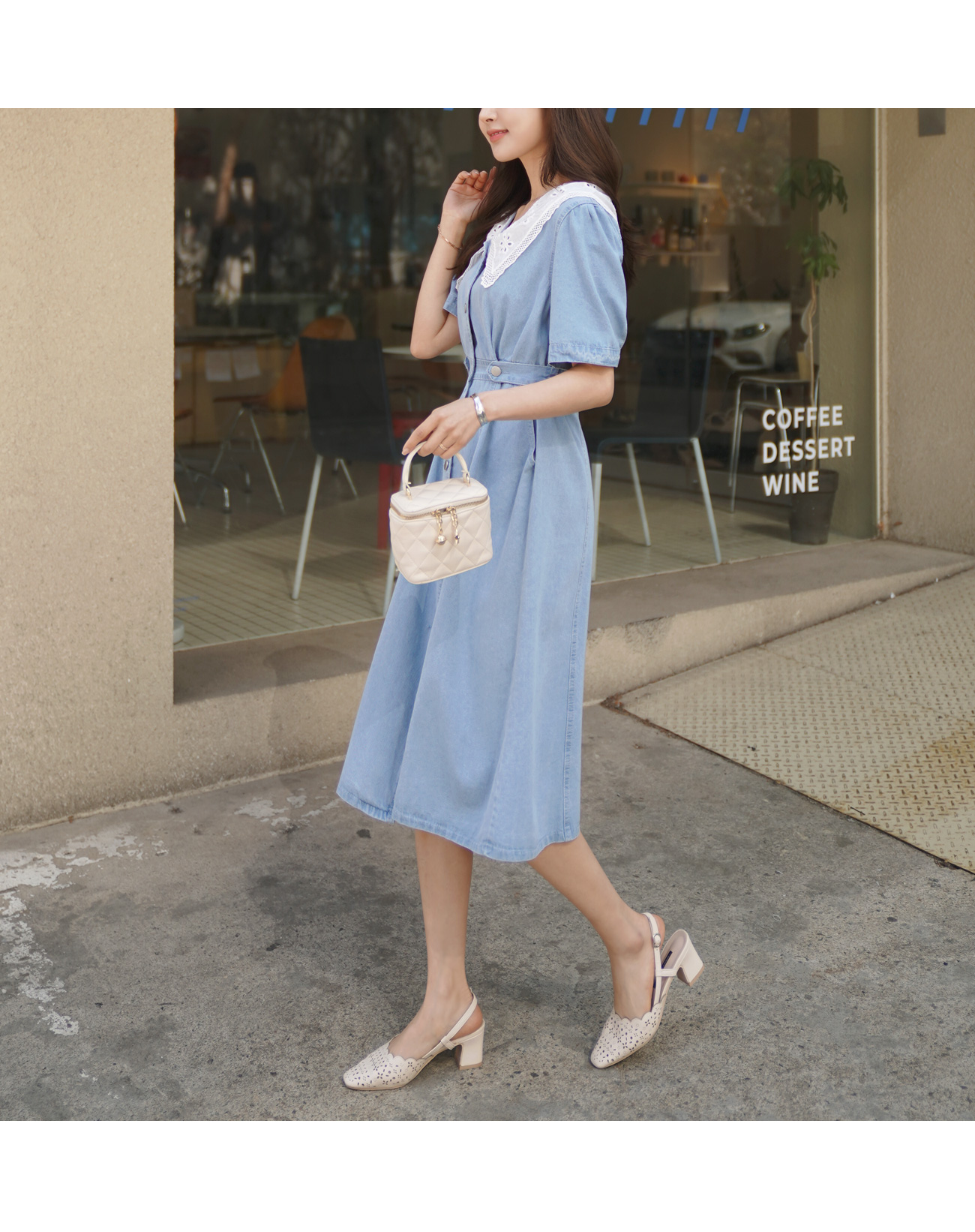 【新品タグ付き】DAMA collection デニム風ワンピース L グレー パターンレースカラーデニムワンピース | レディース