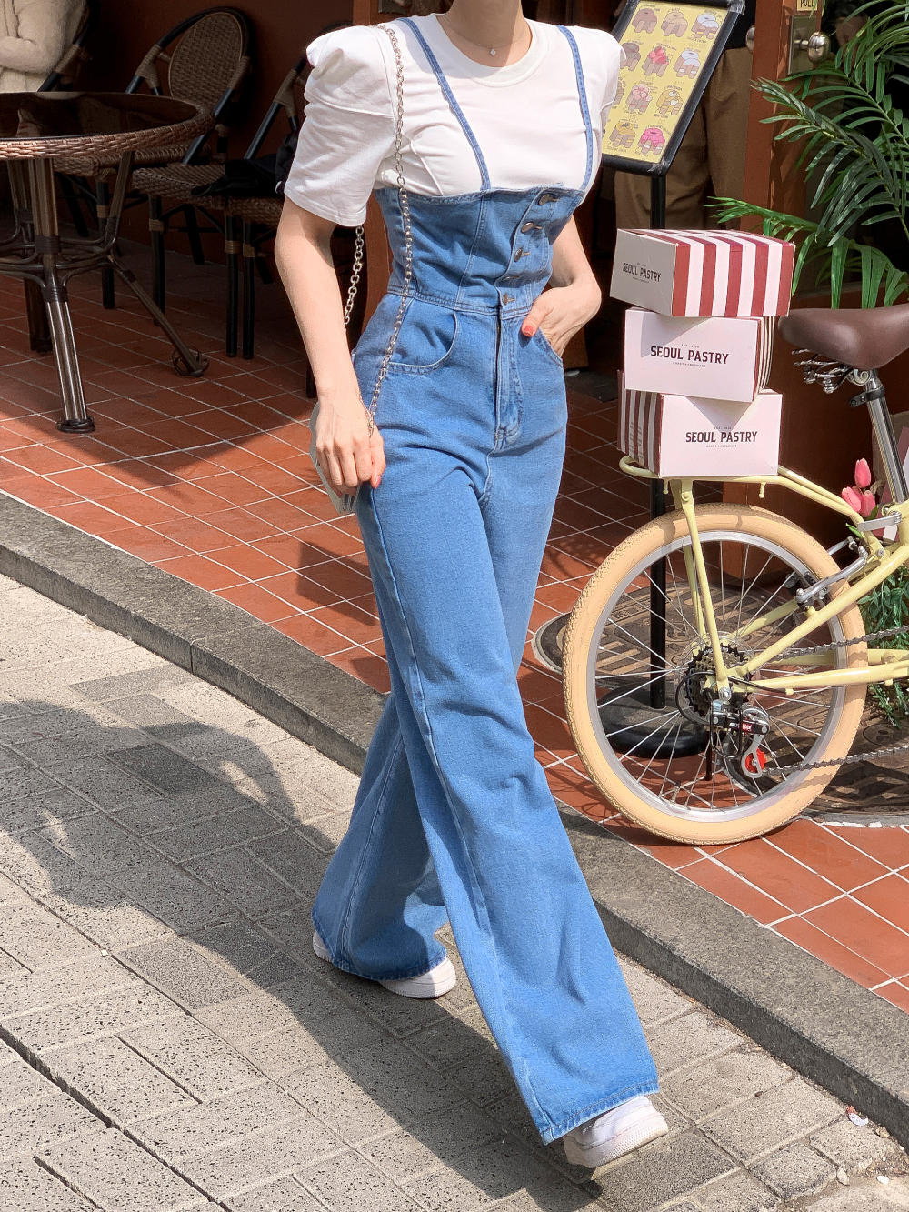 レースアップボタンデニムサロペットパンツ | レディース