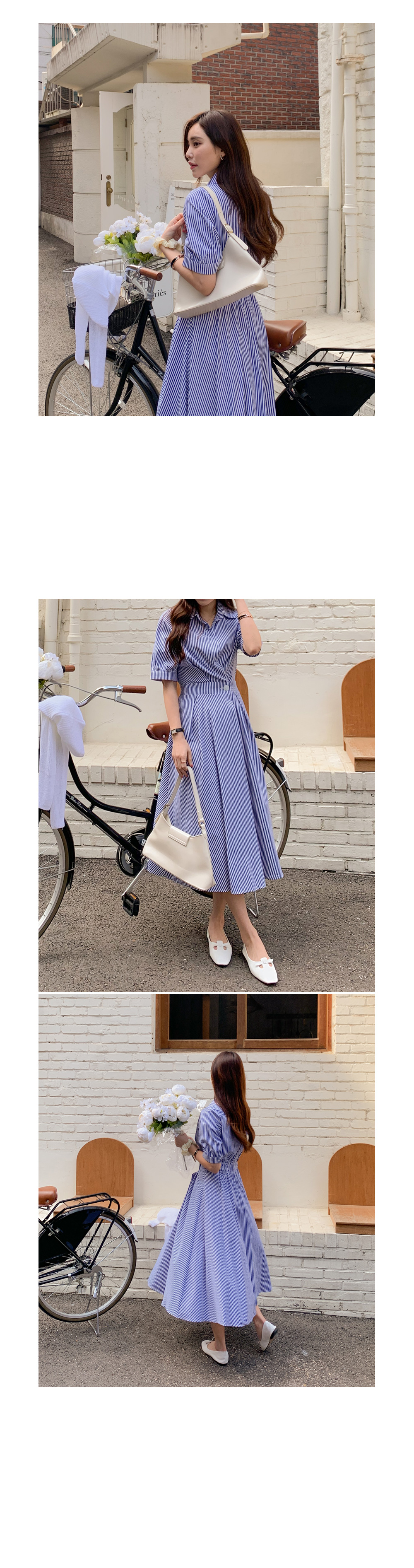 ★ChicLine★ ストライプバックゴムシャツワンピース バックゴムストライプシャツワンピース | レディース