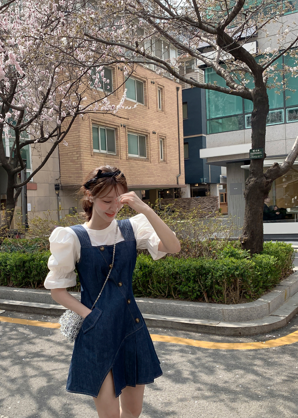 パフTシャツ&クロスボタンデニムワンピSET | レディース