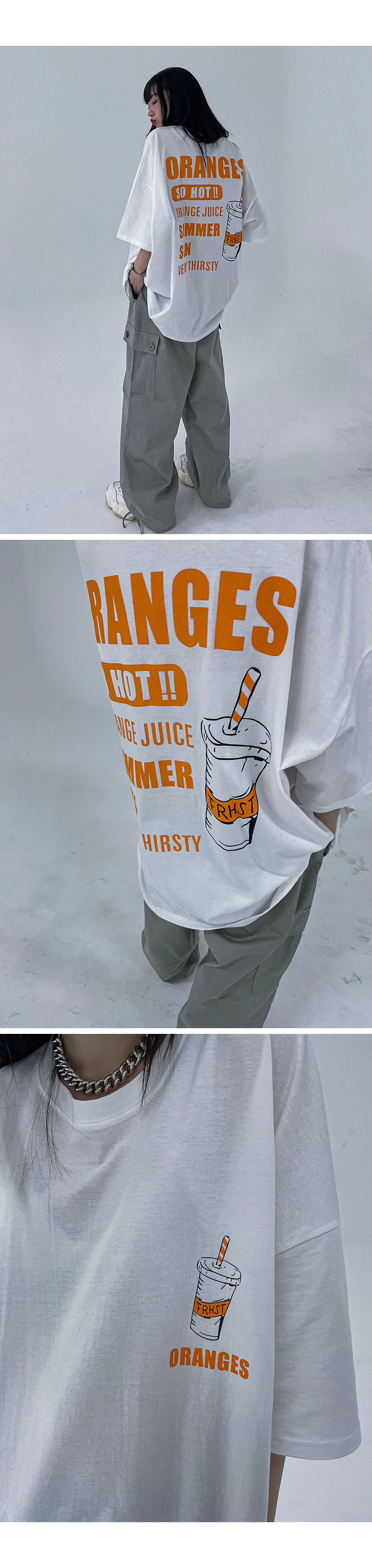 オレンジジュースプリント半袖Tシャツ | レディースファッション