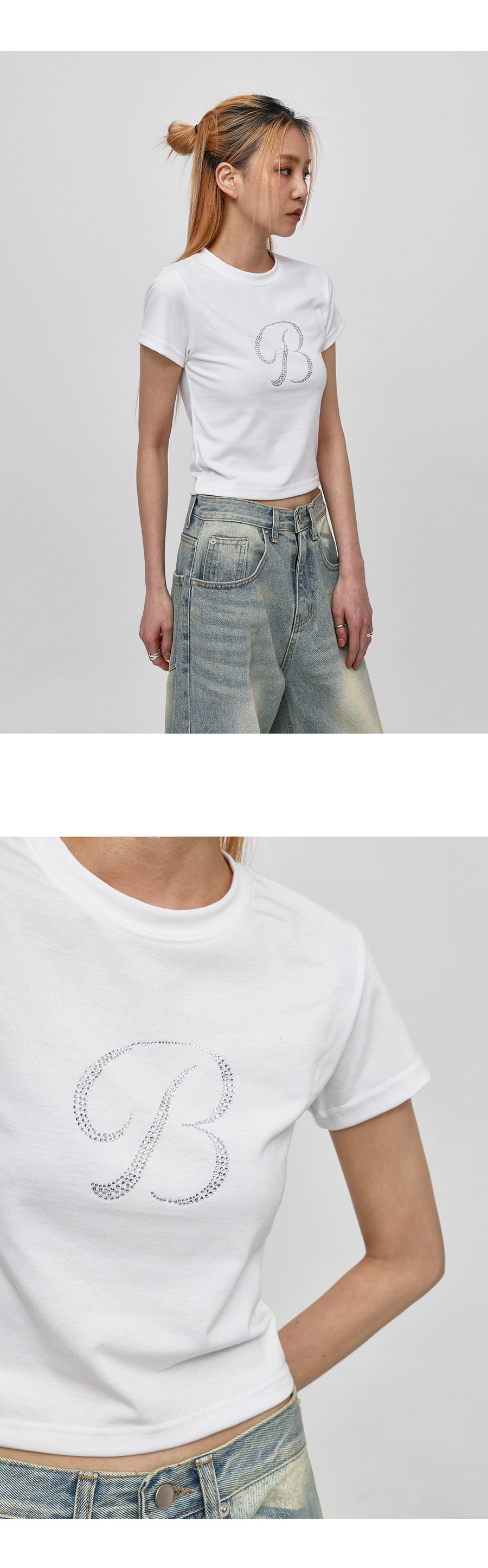 ストーンレタリングクロップドTシャツ | レディースファッション