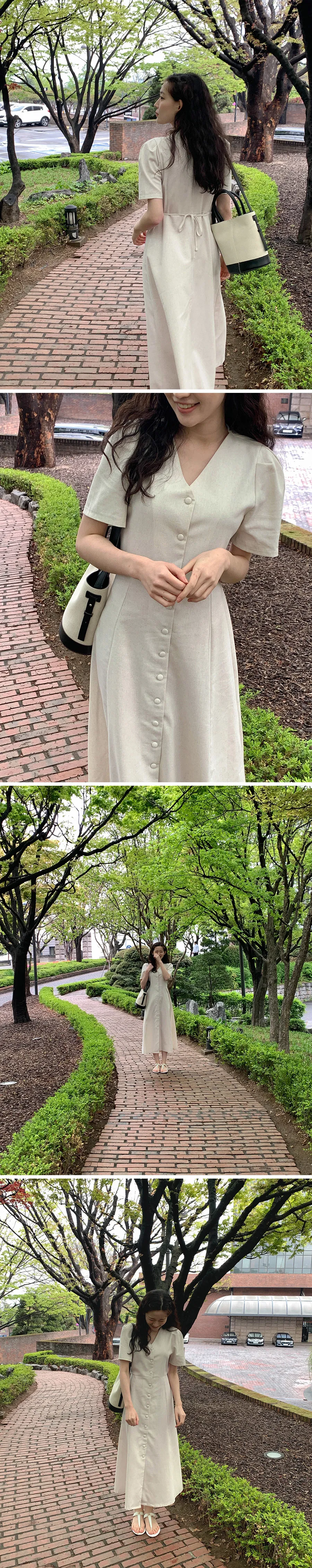 Vネックリネン混ボタン半袖ワンピース | レディースファッション通販  