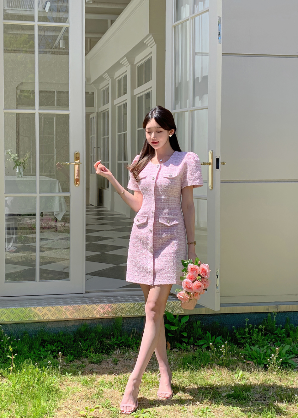 ラウンドネックスリム半袖ツイードワンピース | レディース