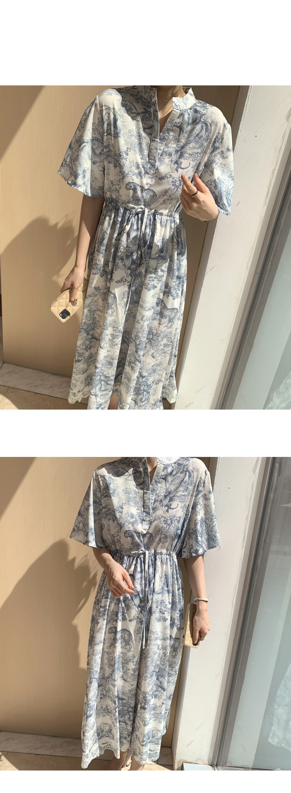 感謝sale♡ハイウエストワンピーストワルドジュイ柄コットン&リネンブルー。.＊ トワルドジュイ柄ロングワンピース2色 | ecrea