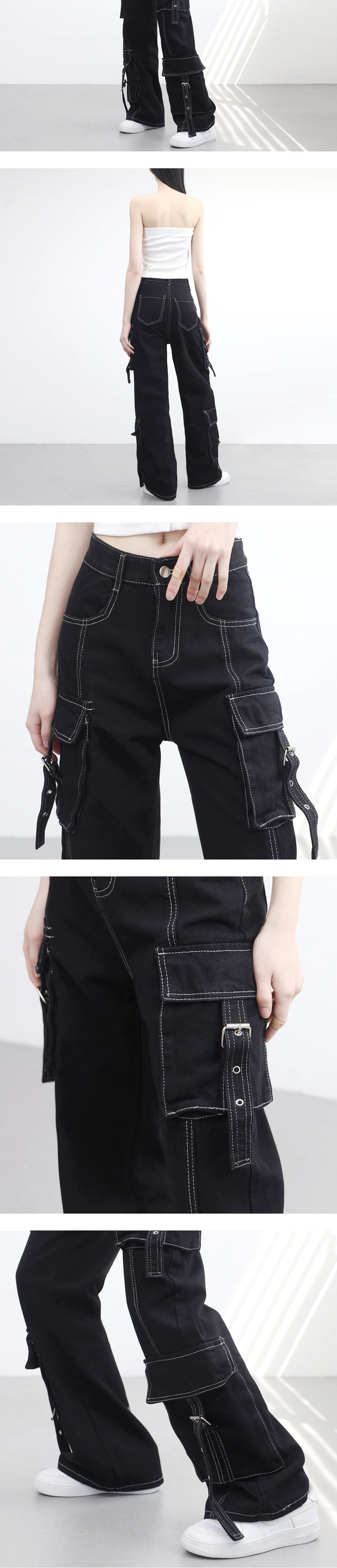 サイドベルトポケットステッチワイドパンツ | レディースファッション