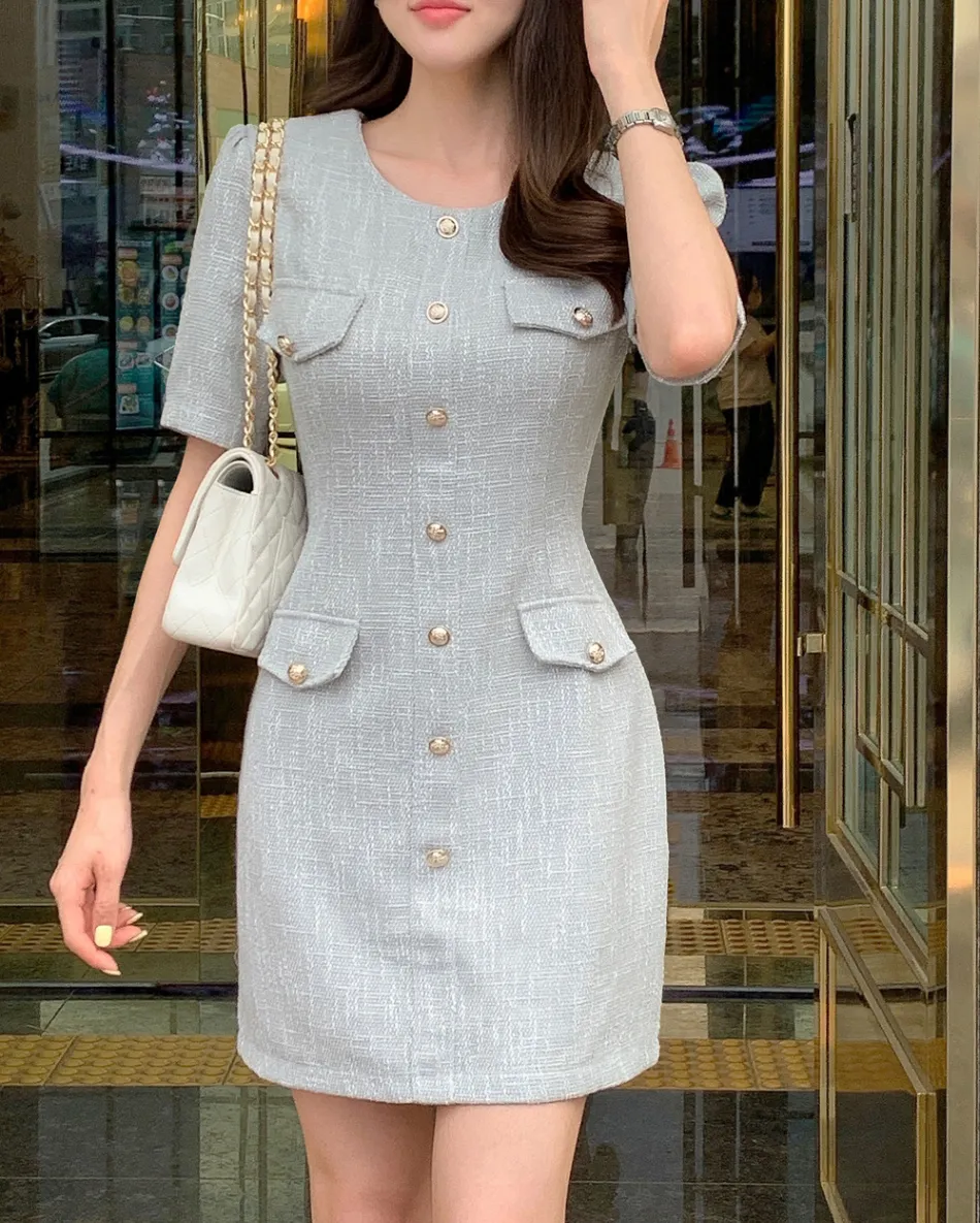 秋 冬クレイサス CLATHAS 半袖 切替 ロング ツイード ワンピース 可愛い 