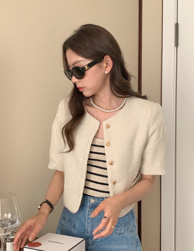 ゴールドハートボタンクロップド半袖ジャケット | レディース