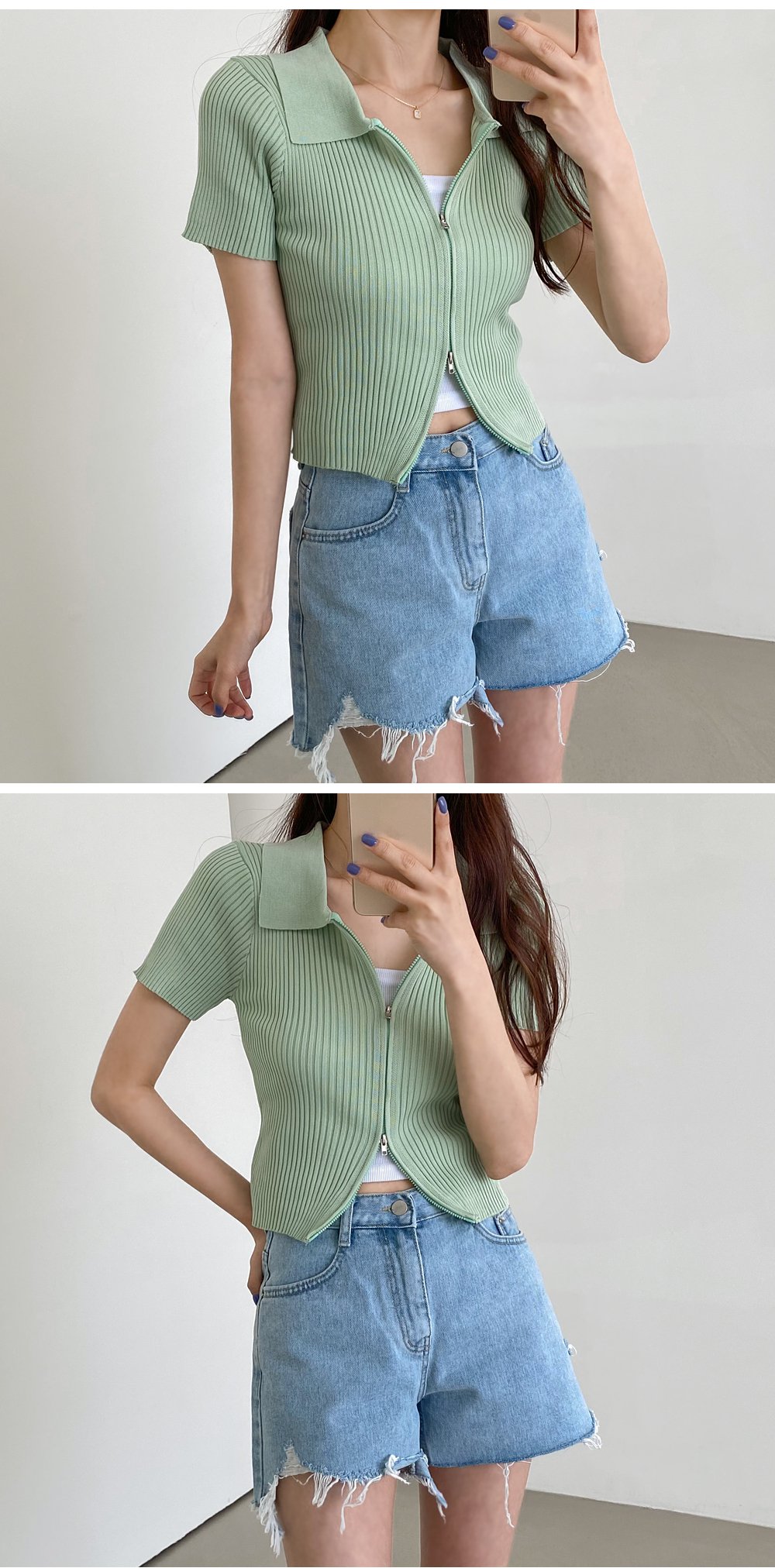 ダブルジップアップカラー半袖カーディガン | レディース