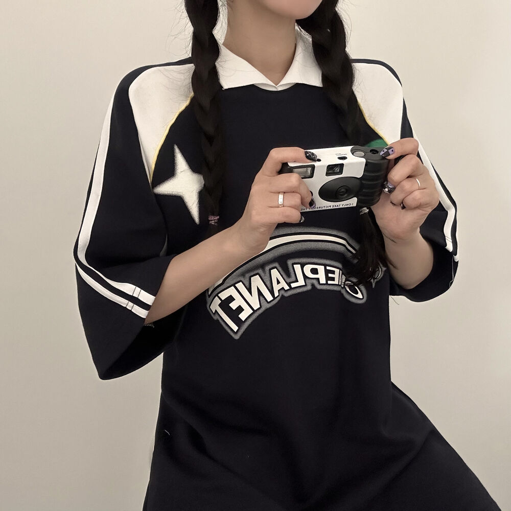 y2kスペースプリント襟付きTシャツ | レディースファッション