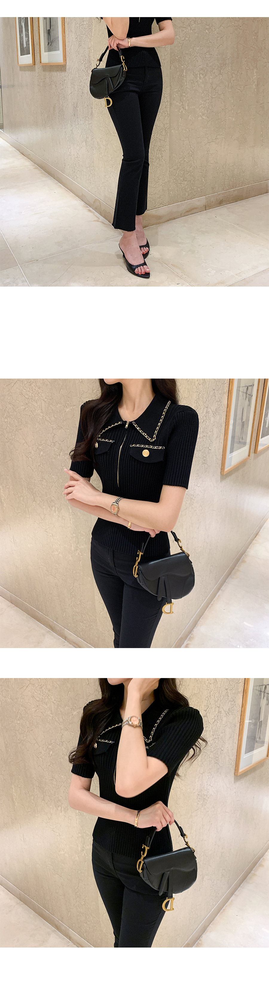 ゴールドチェーンハーフジップ半袖ニット | レディースファッション