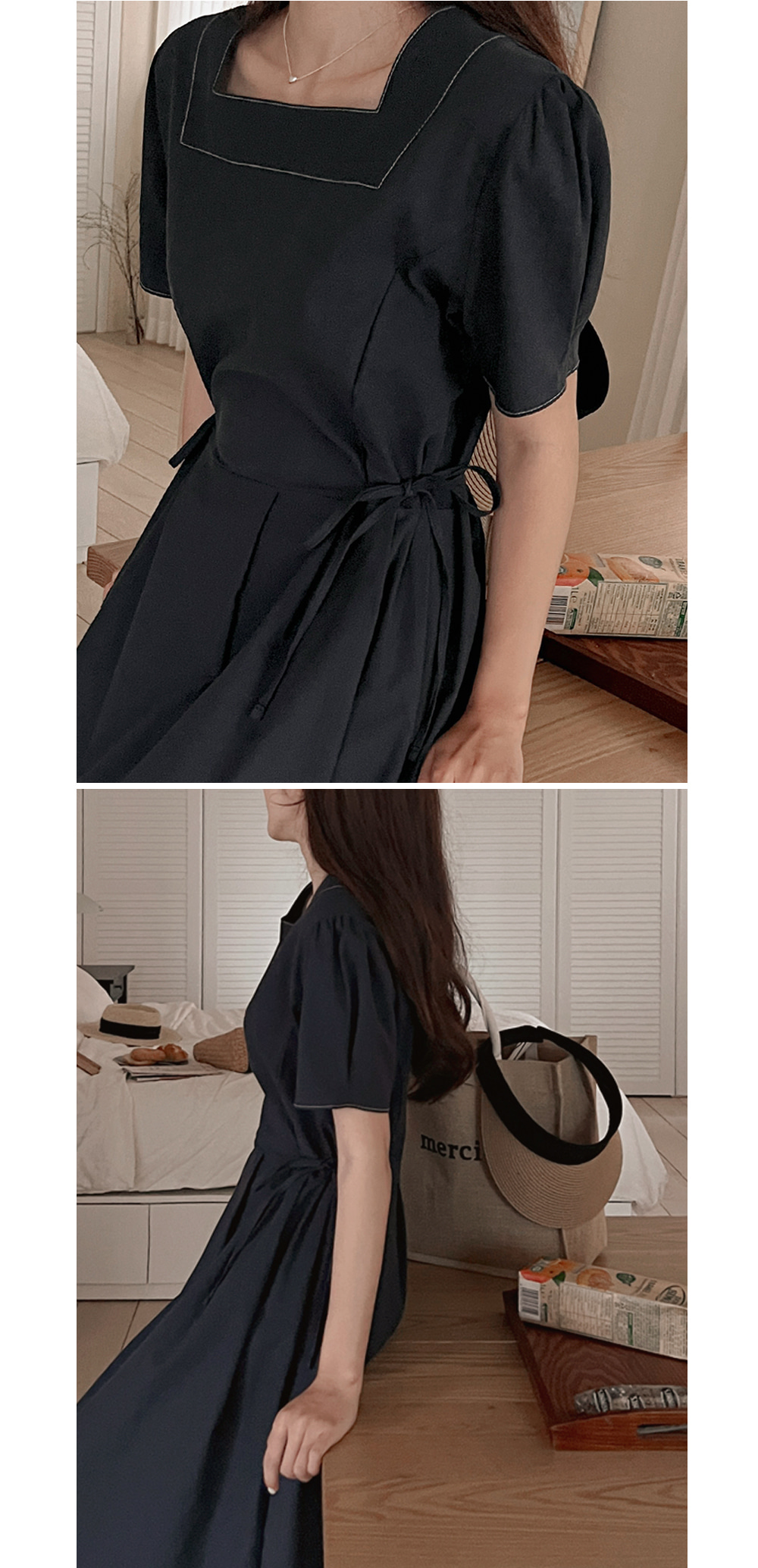 ワンピース 半袖 スクエアネック ステッチ 2colors S/XL スクエアネックステッチワンピース【韓国ファッション】[品番