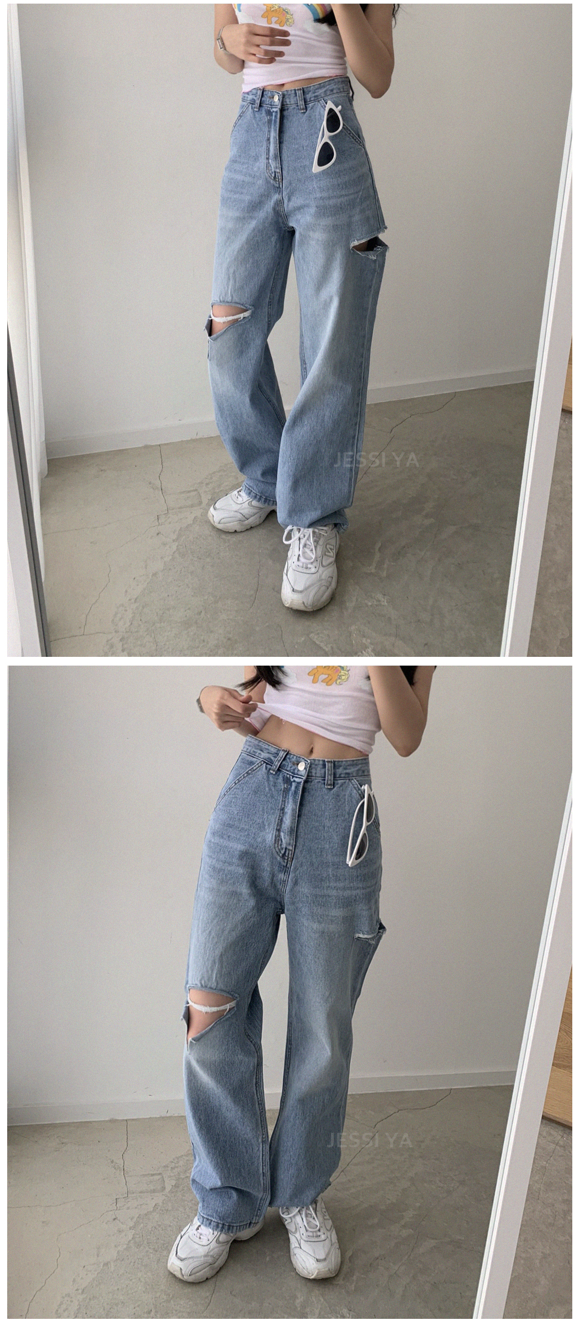 ダメージカットロングワイドデニムパンツ | レディース