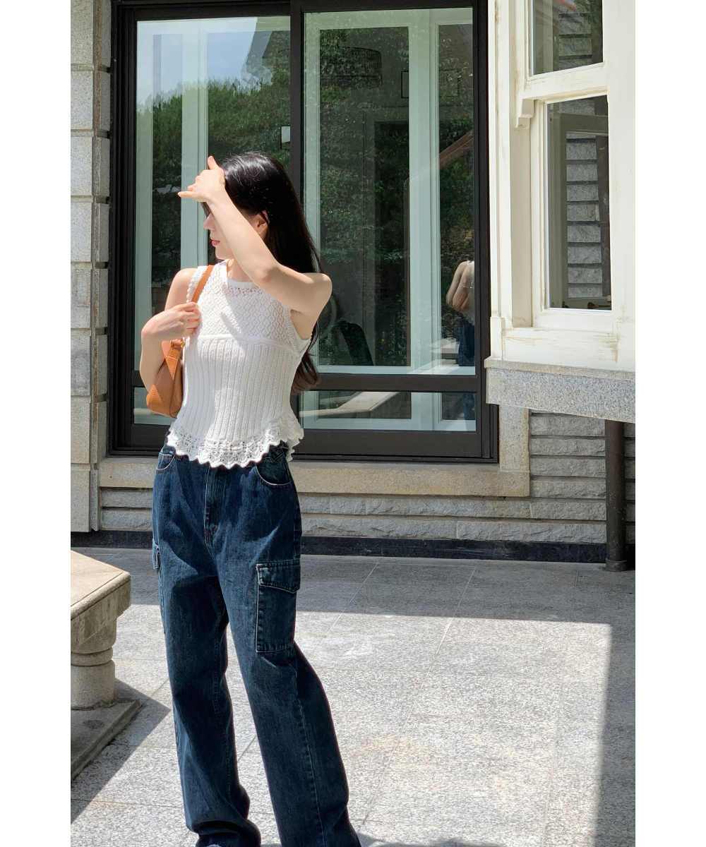 カーゴポケットワイドデニムパンツ(ディープブルー