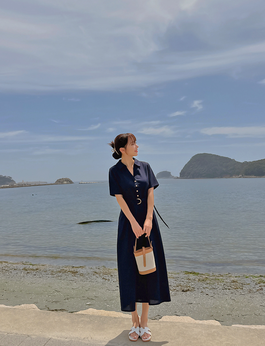 リネン混スキッパーボタンワンピース | レディースファッション通販