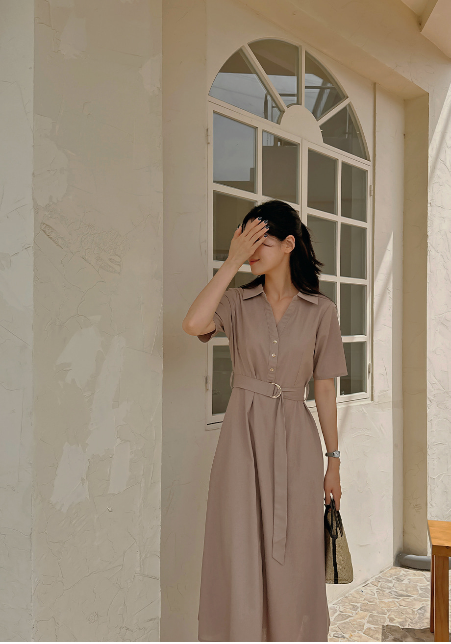 リネン混スキッパーボタンワンピース | レディースファッション通販