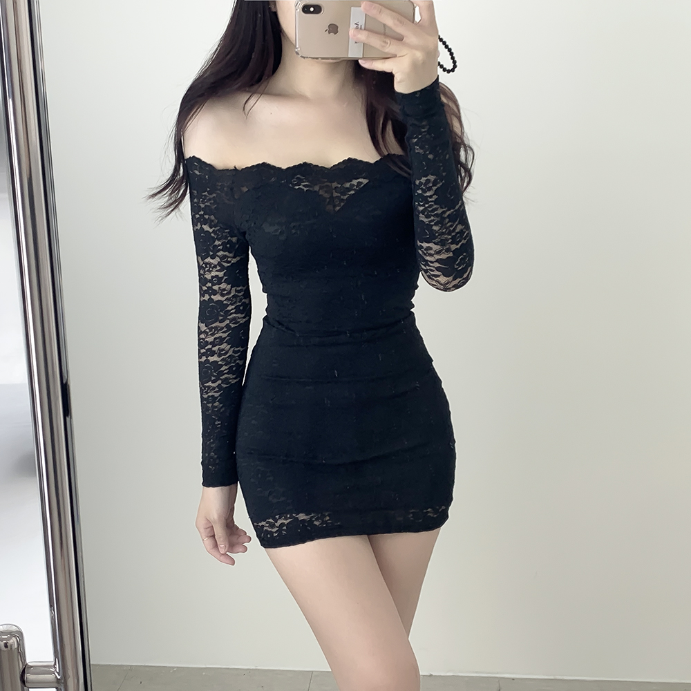 オフショルシースルーレース長袖ミニワンピース | レディース