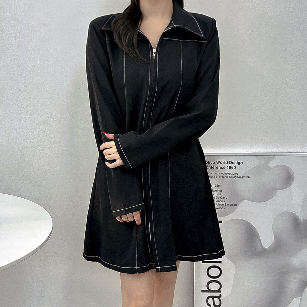 ステッチカラーネックジップアップワンピース | レディース