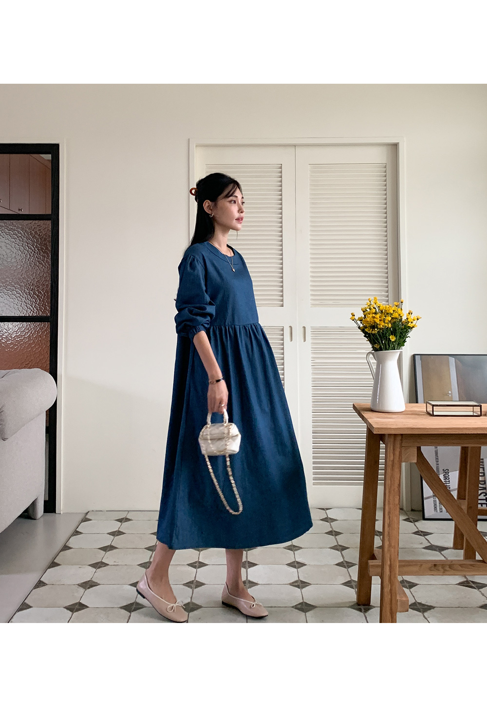 ラウンドギャザー切り替えデニムワンピース | レディースファッション