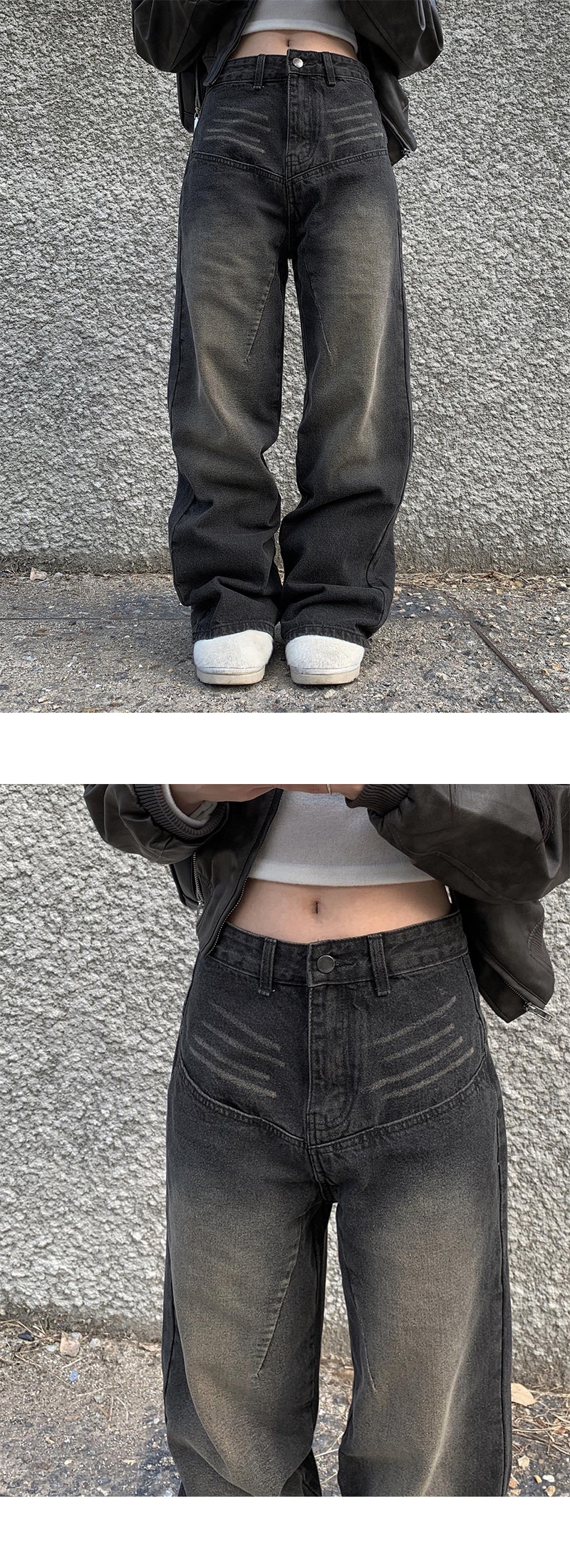 切替ラインブラックウォッシュワイドデニムパンツ | レディース