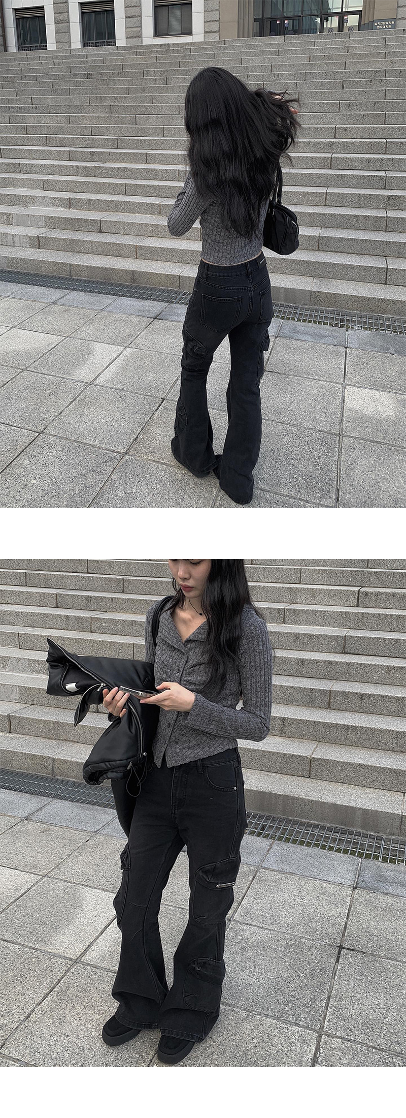 ブラックカーゴフレアデニムパンツ | レディースファッション