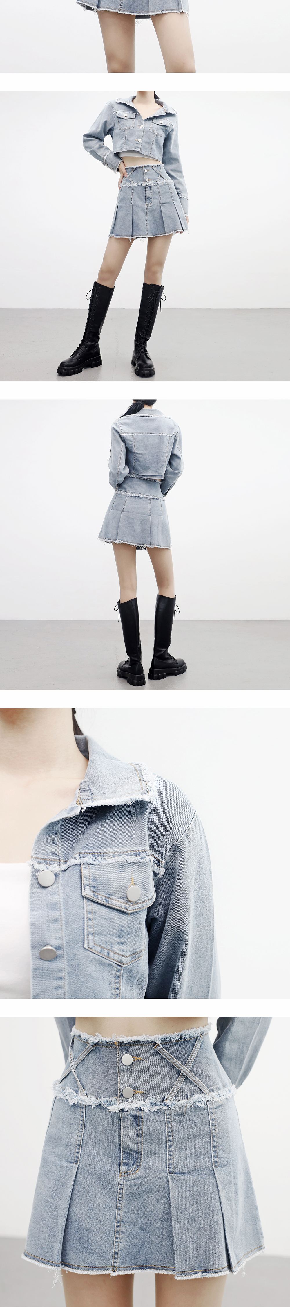 dholic   クロップドデニムジャケット&デニムスカートパンツSET beidelli made]クロップドデニムジャケット&デニムスカート