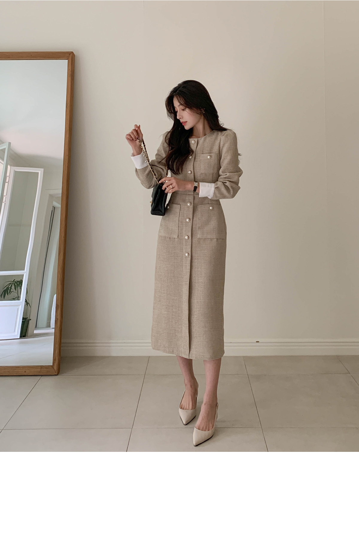 配色ツイードボタンロングワンピース | レディースファッション通販