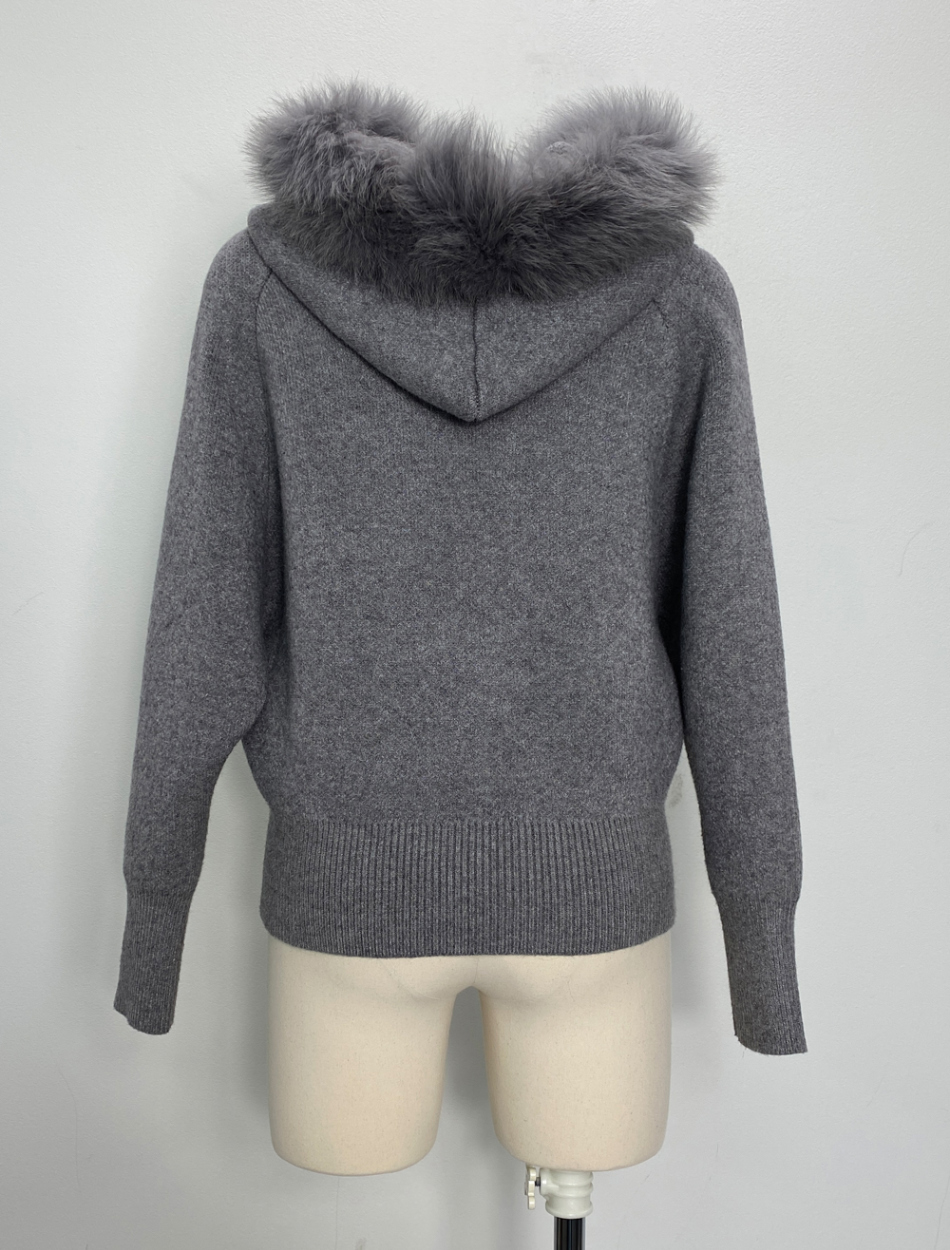 フェイクファーフードジップアップニットカーディガン | レディース