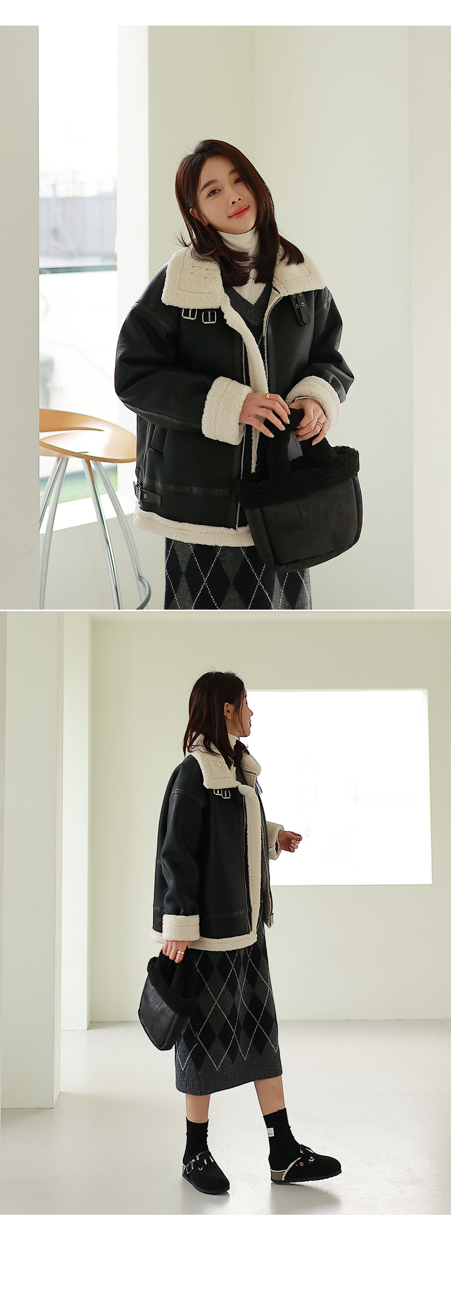 ベージュ ロゴ付き ラムファー ミニムートンバッグ 1748244_info_D6265ACA-164D-
