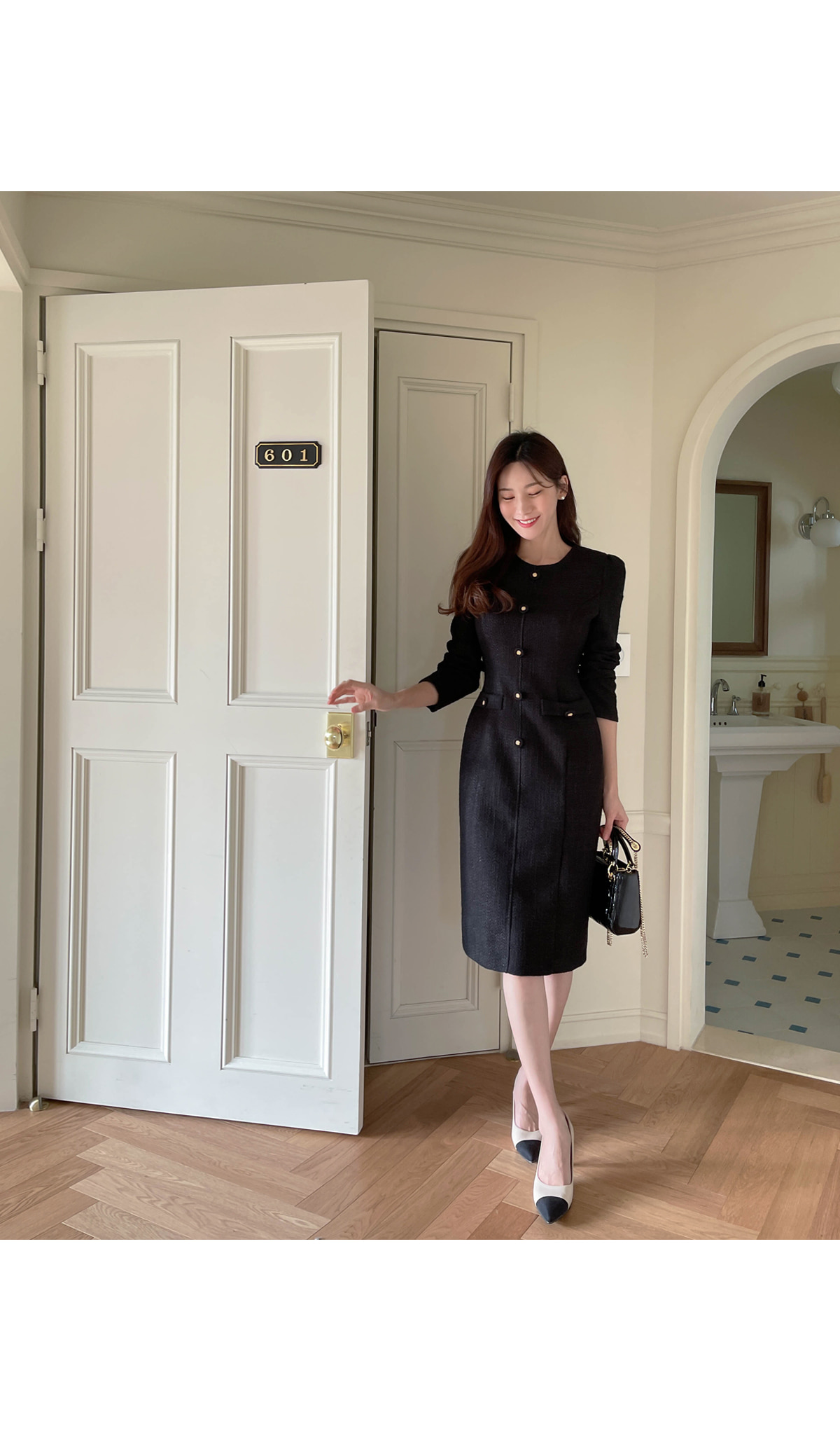 フェイクボタンツイードワンピース | レディースファッション通販 - DHOLIC