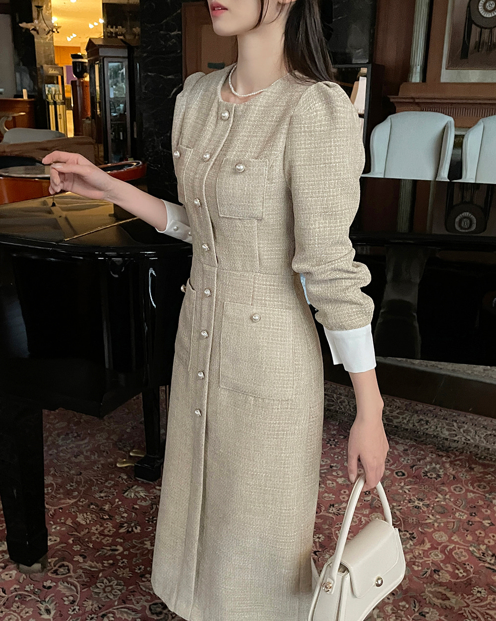 パール調ボタンツイードパフワンピース | レディース パール調ボタンツイードパフワンピース | レディース