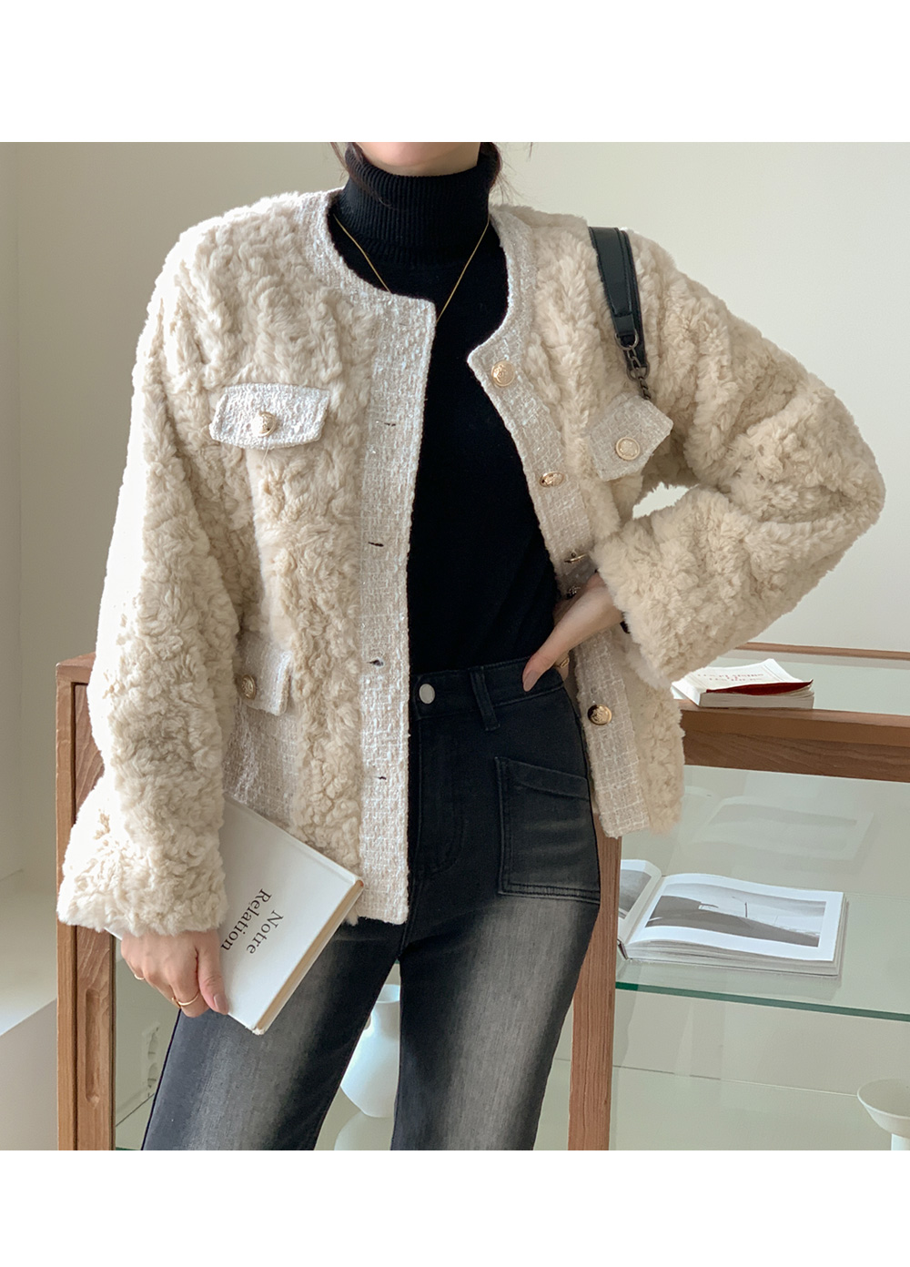 ツイード配色ファータッチジャケット | レディースファッション通販