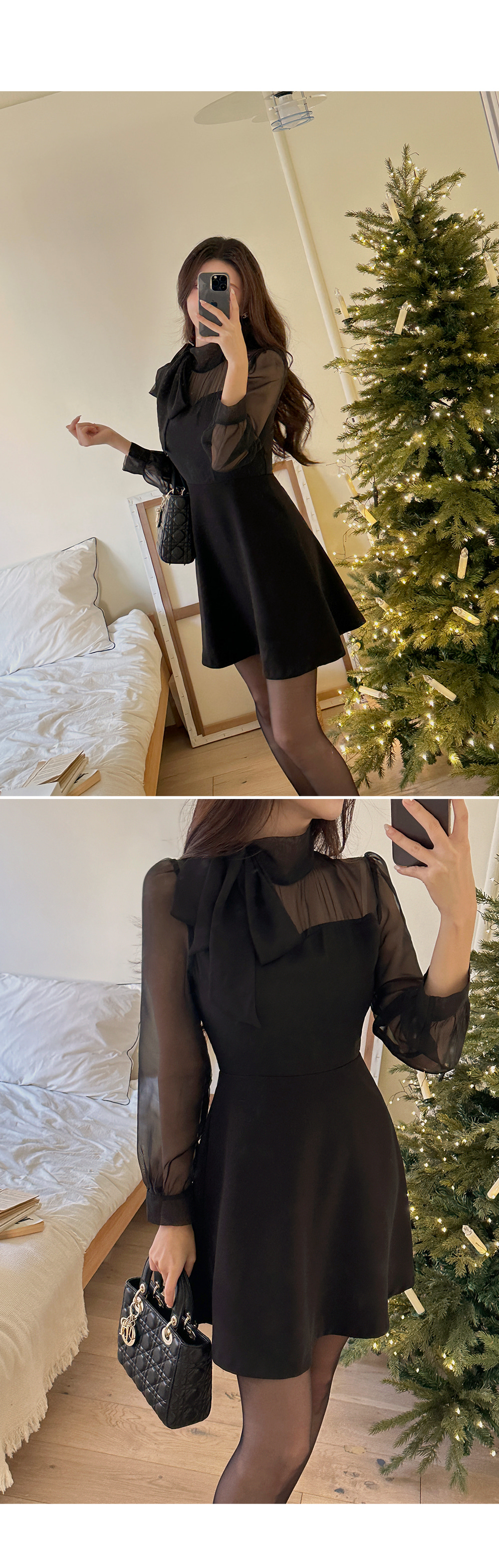 シースルー配色ボウタイネックワンピース | レディース