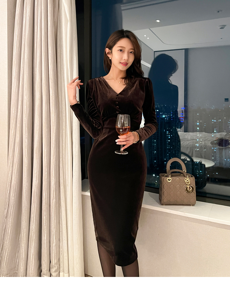 Vネックボタンベロアワンピース | レディースファッション通販 - DHOLIC