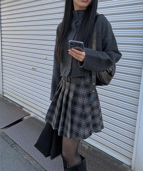 パンツ裏地ウール混ベルトチェックプリーツスカート | レディース 