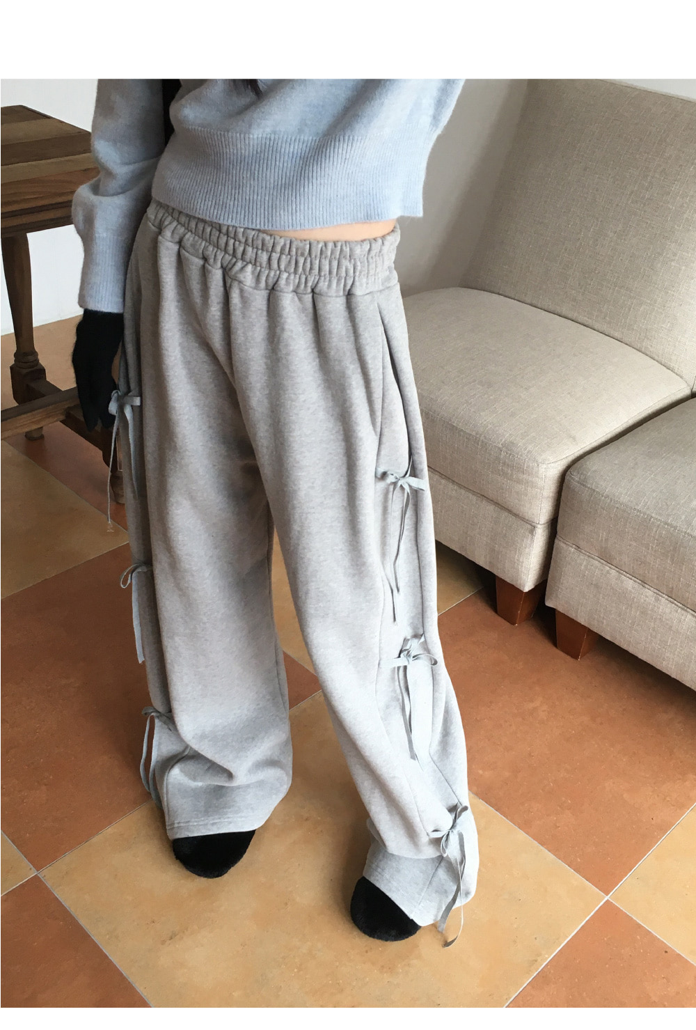 LCB-2401-003 スウェットパンツ サイドリボン 裏起毛 ストレート スウェットパンツ サイドリボン 裏起毛 ストレート ワイドパンツ