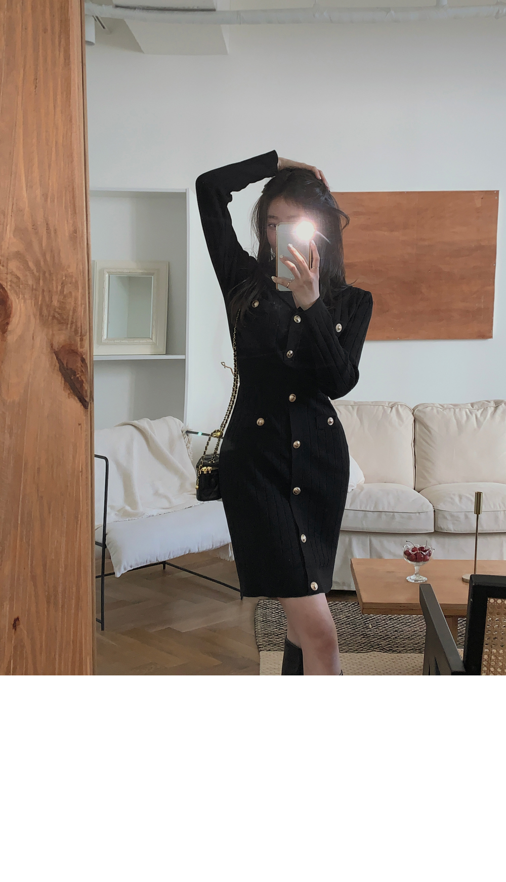 カラーネックゴールドボタンニットワンピース | レディース