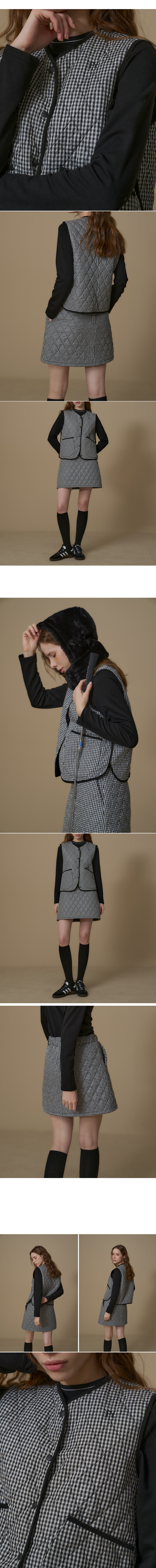 ブラック＆ホワイト ☆ チェック柄 キルティング ベスト フード付 L ゴルフ ブラック＆ホワイト ☆ チェック柄 キルティング ベスト フード