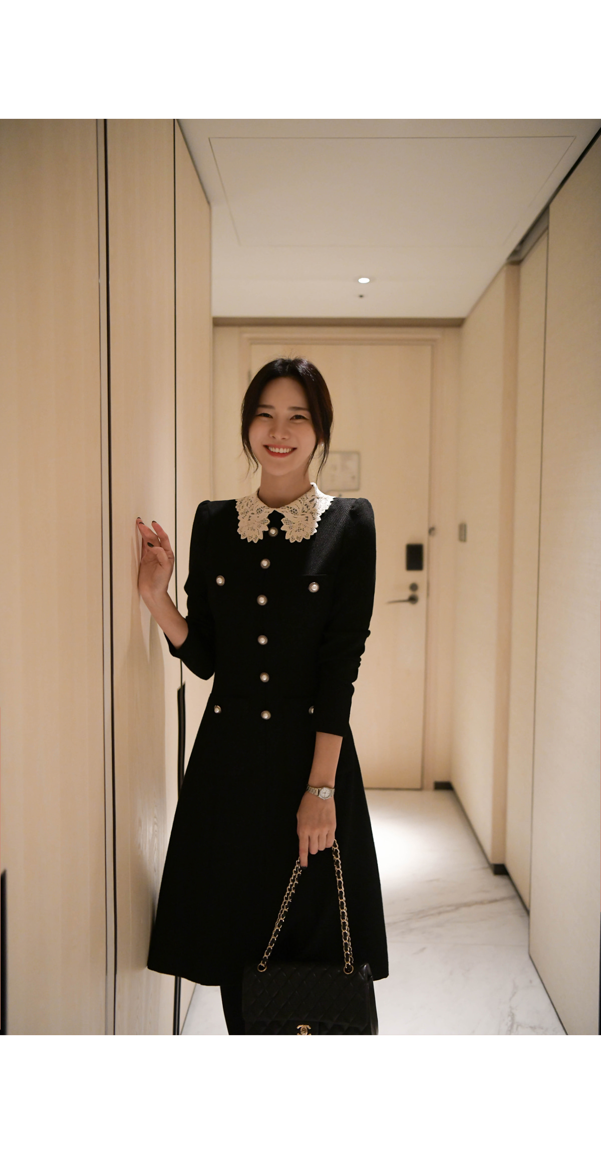 レースカラーパール調ボタンツイードワンピース | レディース