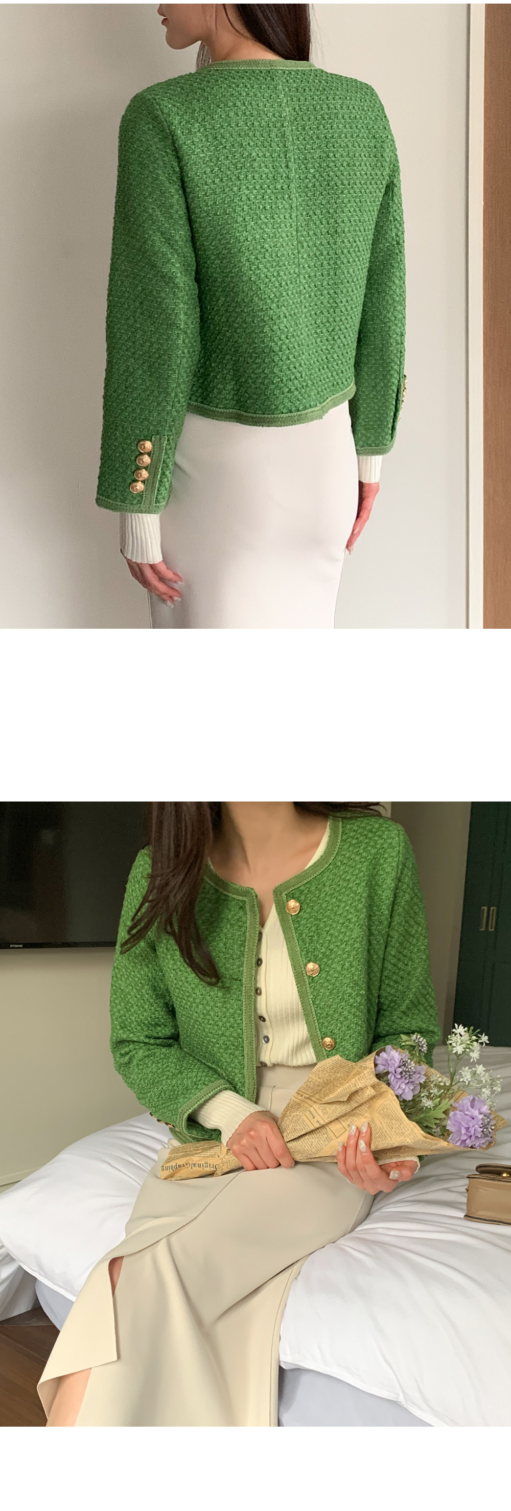 ゴールドボタングリーンツイードジャケット | レディースファッション