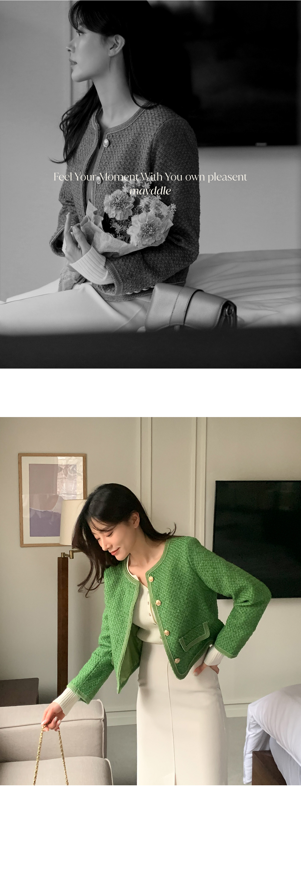 ゴールドボタングリーンツイードジャケット | レディースファッション