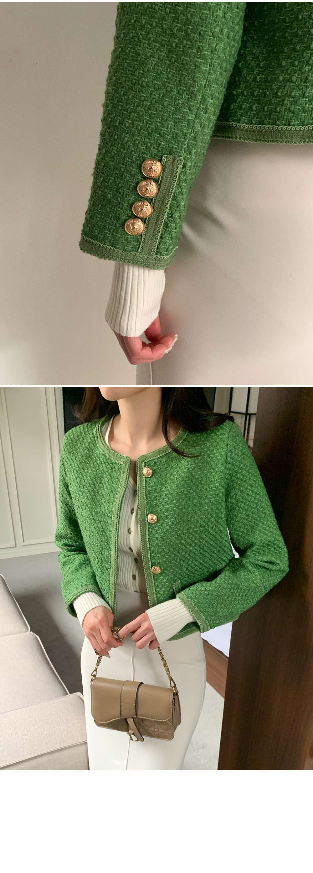 ゴールドボタングリーンツイードジャケット | レディース
