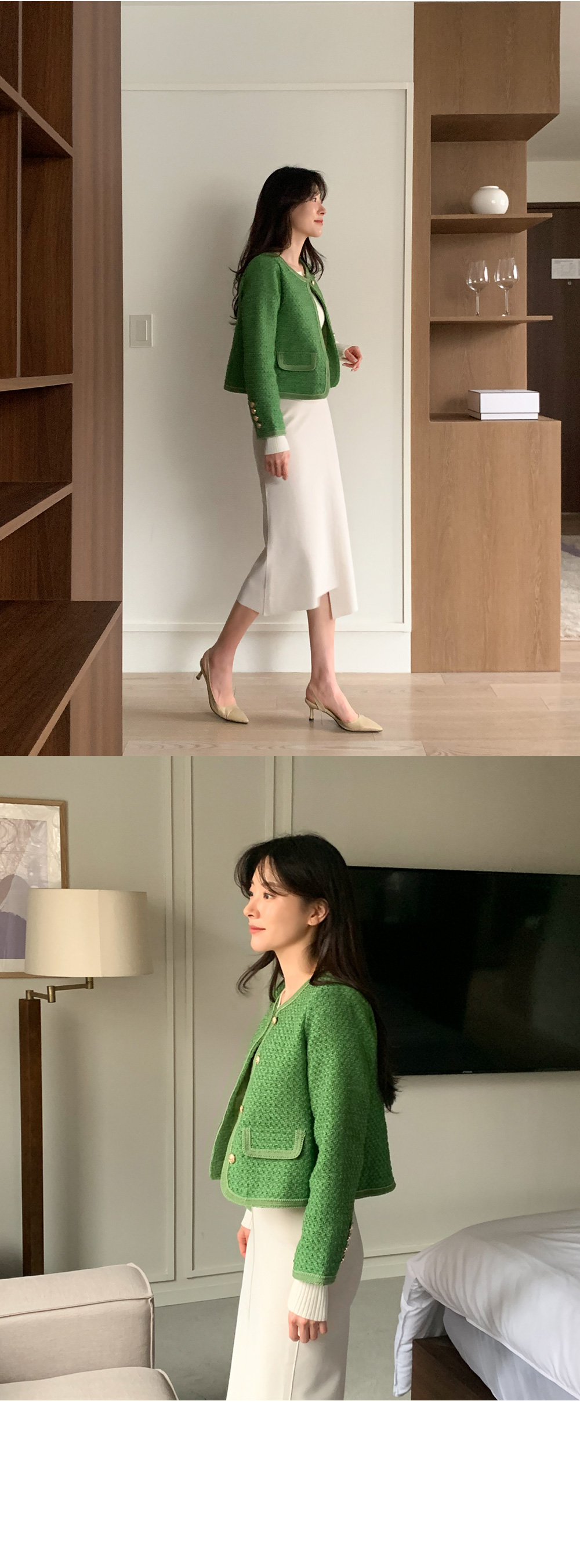 ゴールドボタングリーンツイードジャケット | レディースファッション