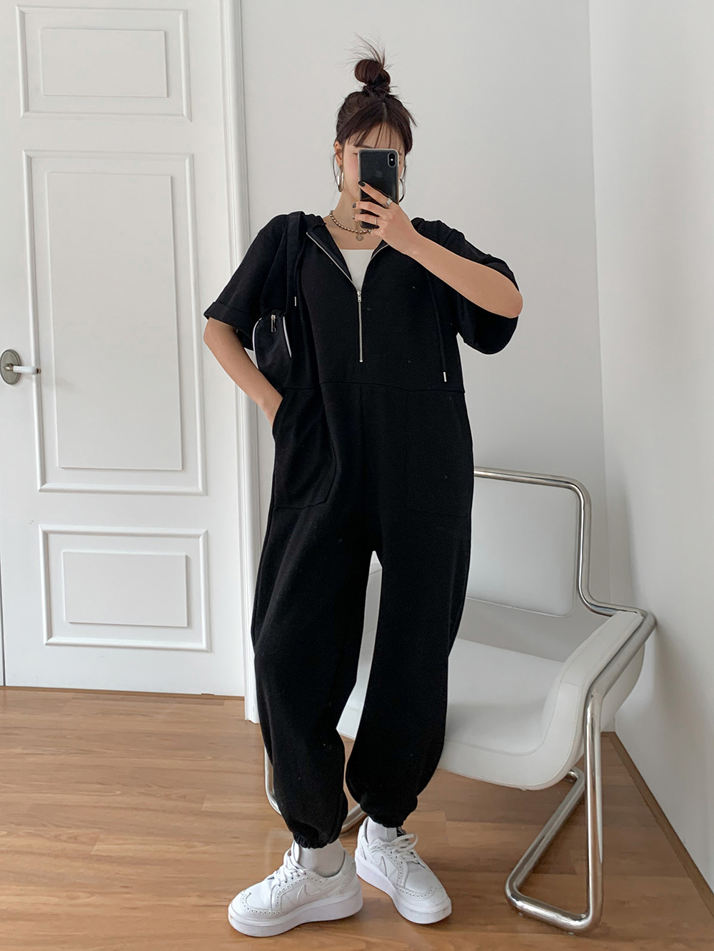 ハーフジップパーカー半袖オールインワン | レディースファッション