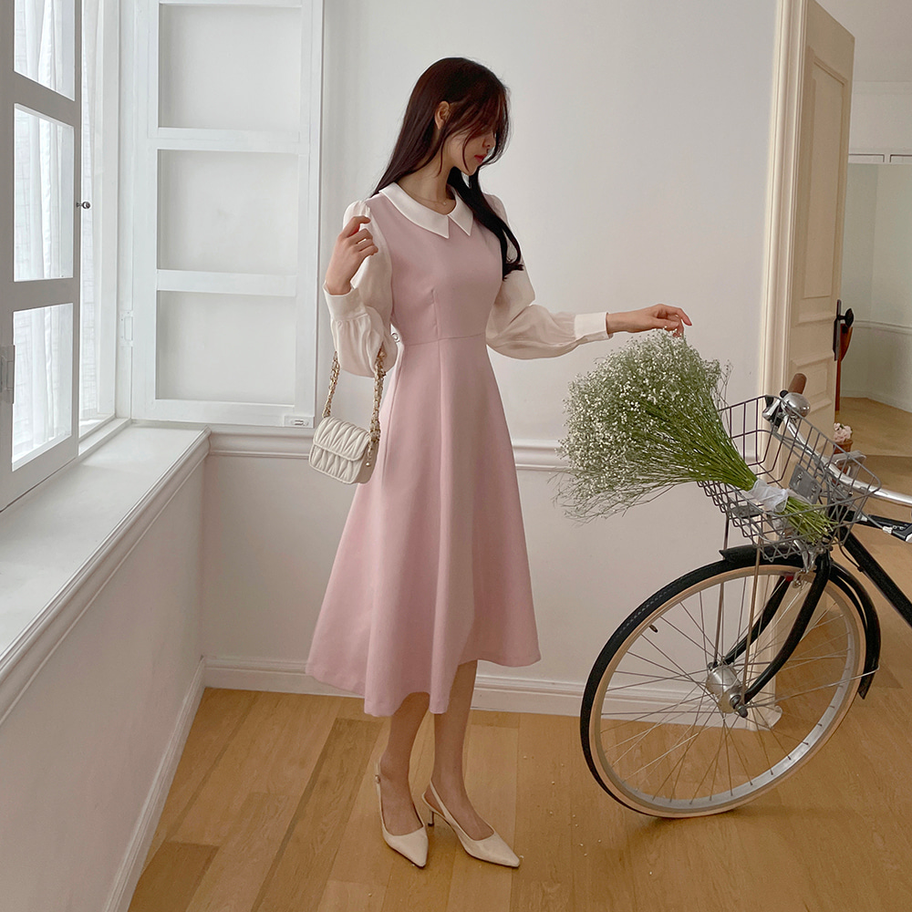 ミディアムワンピース S~XL フラワー シアー フレアスリーブ nelsy-mt-6.jpg