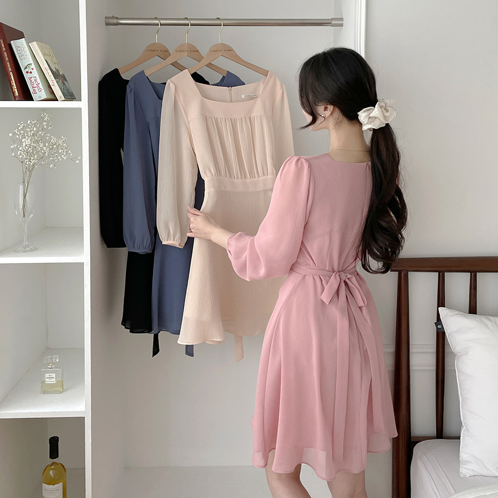シフォンバックリボンスクエアネックミディワンピース