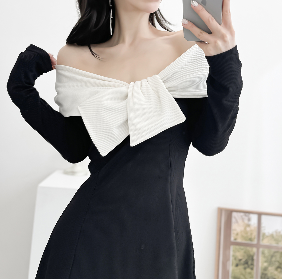 配色リボンオフショルミニワンピース | レディースファッション通販