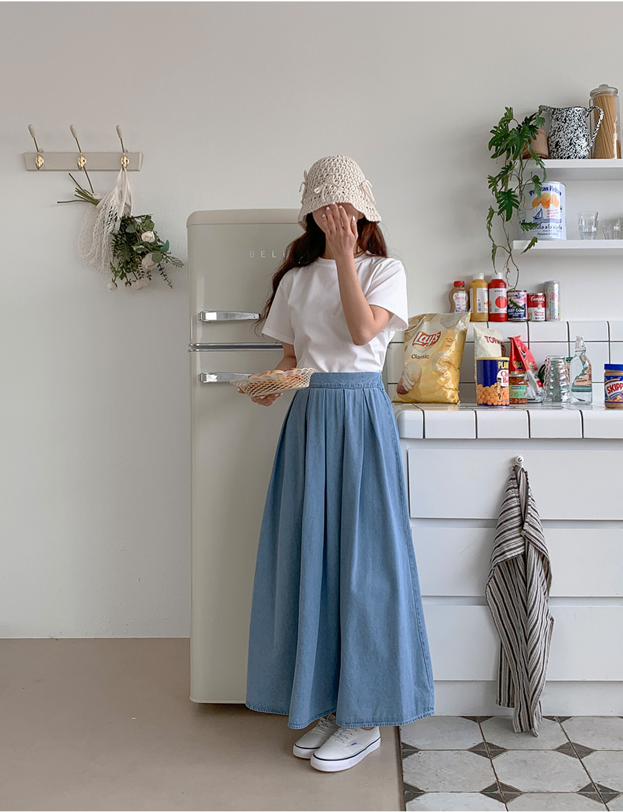 ピンタックプリーツデニムロングスカート | レディースファッション