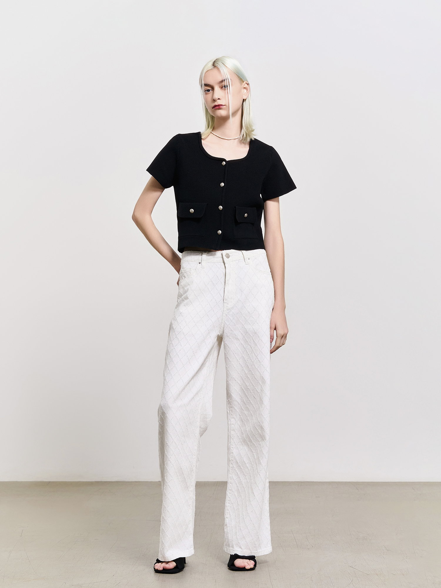 R&D.M.Co- バックボタン半袖ニッ ダイヤ柄半袖ニット | PROPORTION BODY DRESSING