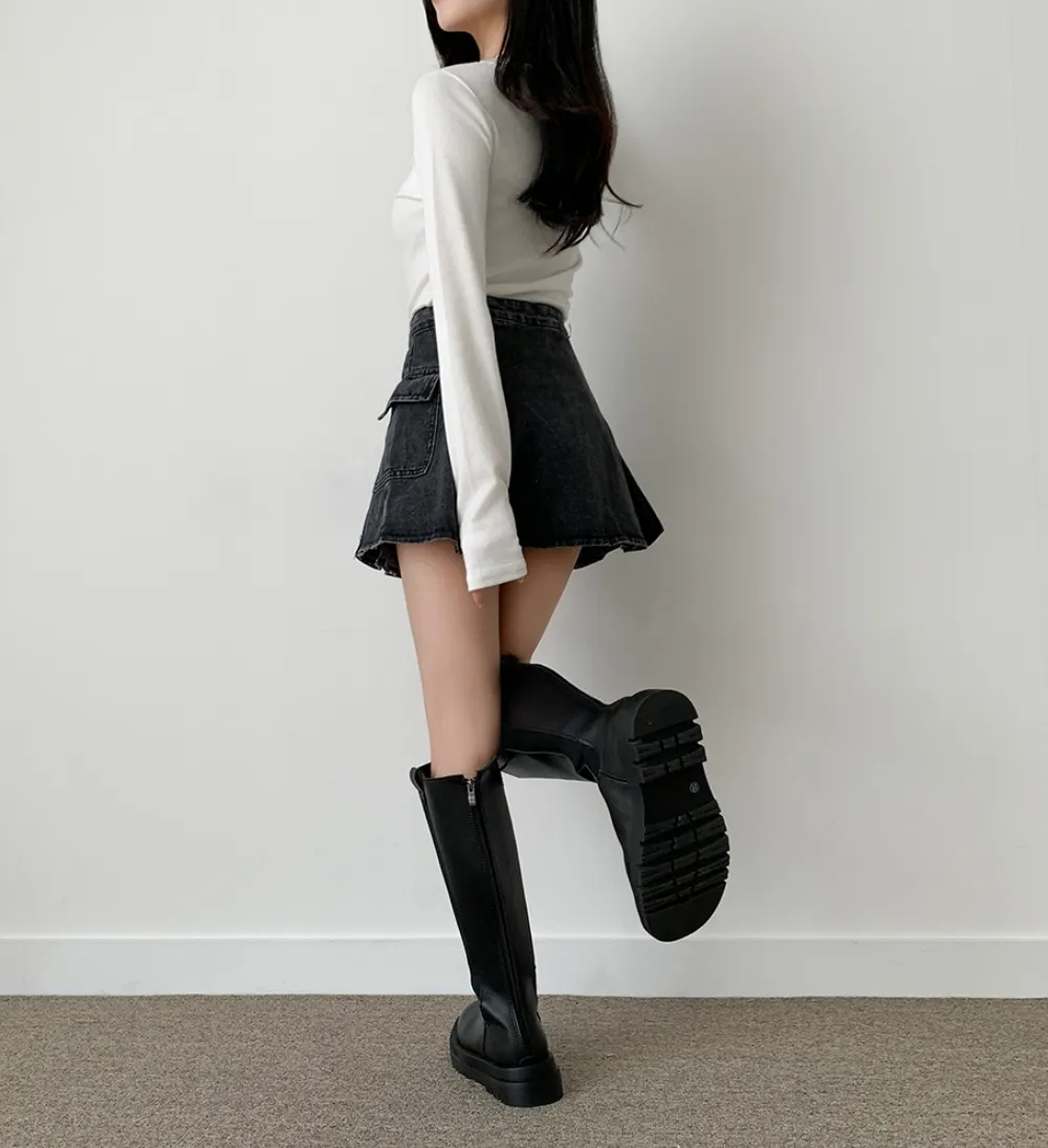 Aラインカーゴポケットプリーツデニムミニスカート | レディース  